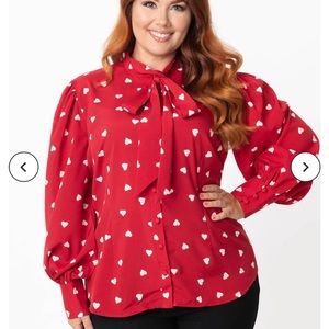 NWT Unique Vintage Red and White Hearts Neck Tie Blouse 3x/20
